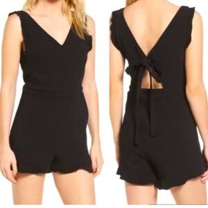 Line & Dot Cutout Open Back Ruffle Barre Sleeveless V-Neck Black Romper
